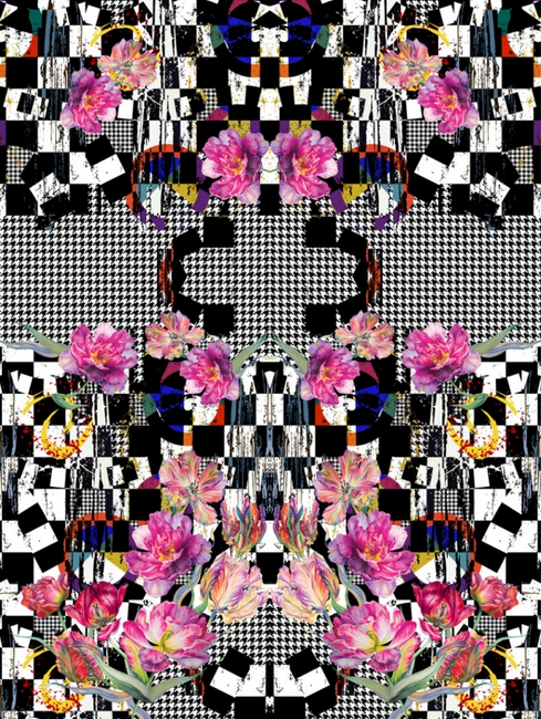 Panneau Stenzo thème: pied de poule, damier et fleurs