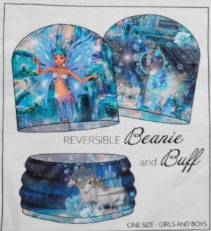 Panneau STENZO TEXTILES prêt à coudre bonnet et snood réversibles et unisexe en French Terry: licorne et fée