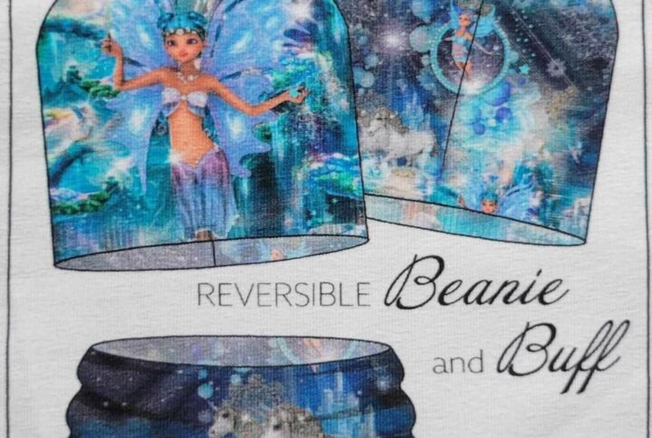 Panneau STENZO TEXTILES prêt à coudre bonnet et snood réversibles et unisexe en French Terry: licorne et fée