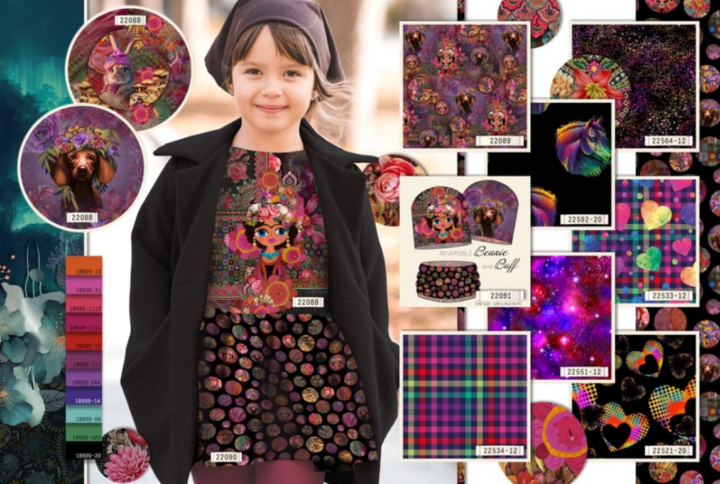 Panneau STENZO TEXTILES prêt à coudre bonnet et snood réversibles et unisexe